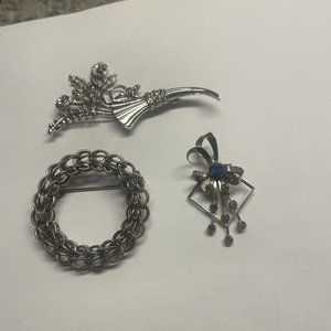 Lot Of 3 Vintage - Modern Brooch Pins - Silver Tone